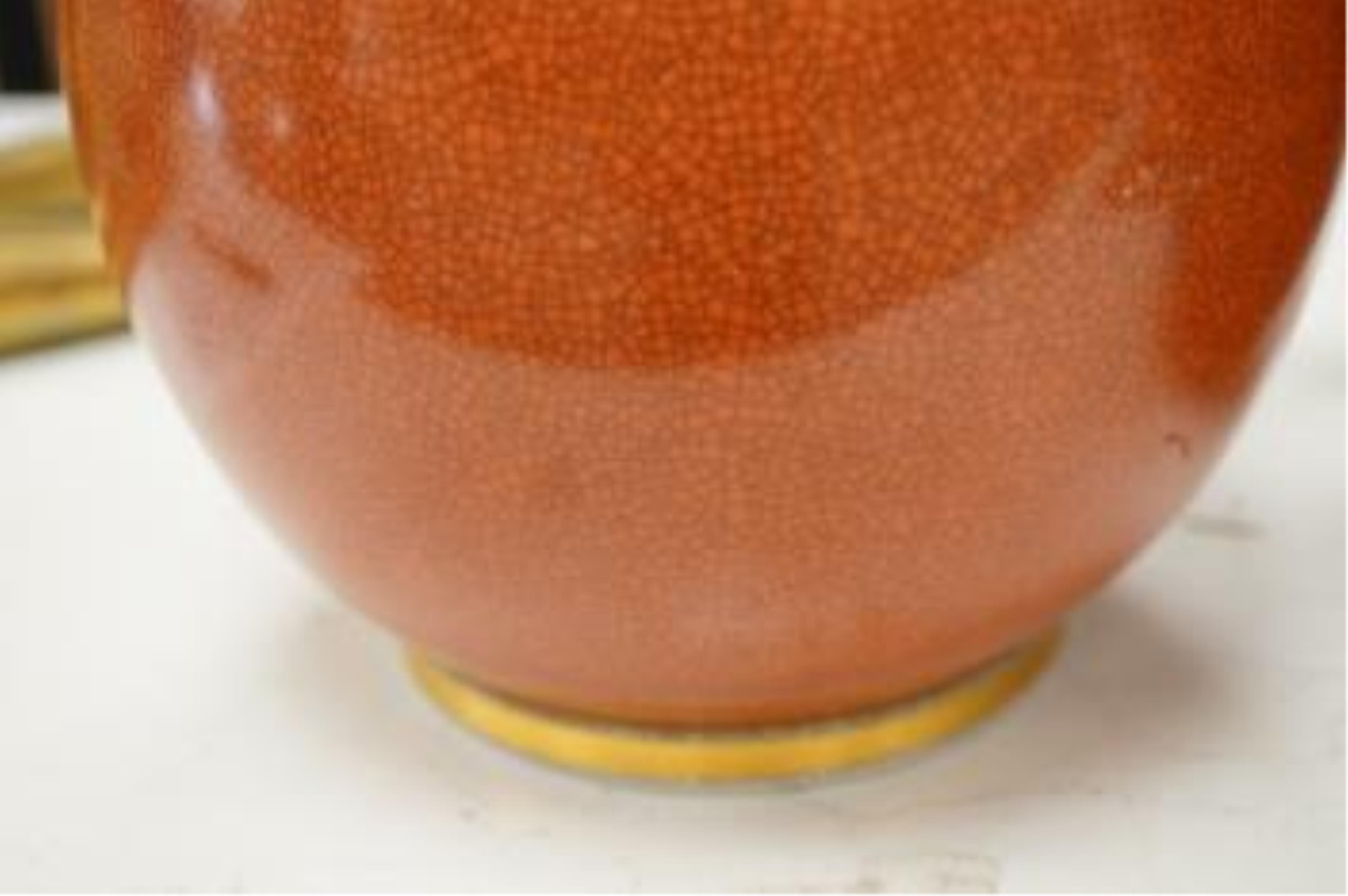 A pair of Royal Copenhagen coral crackle glaze vases adapted as lamps, overall 41cm high